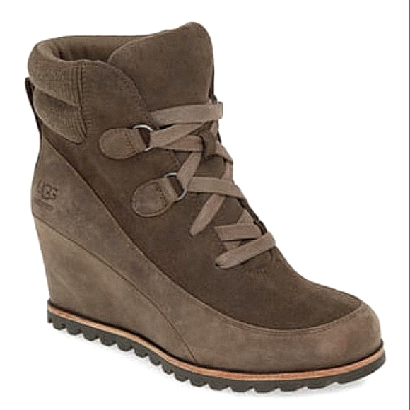 UGG Shoes - UGG "Kriston" Waterproof Suede Wedge Heeled Boots Taupe Brown | Women's Size 7.5